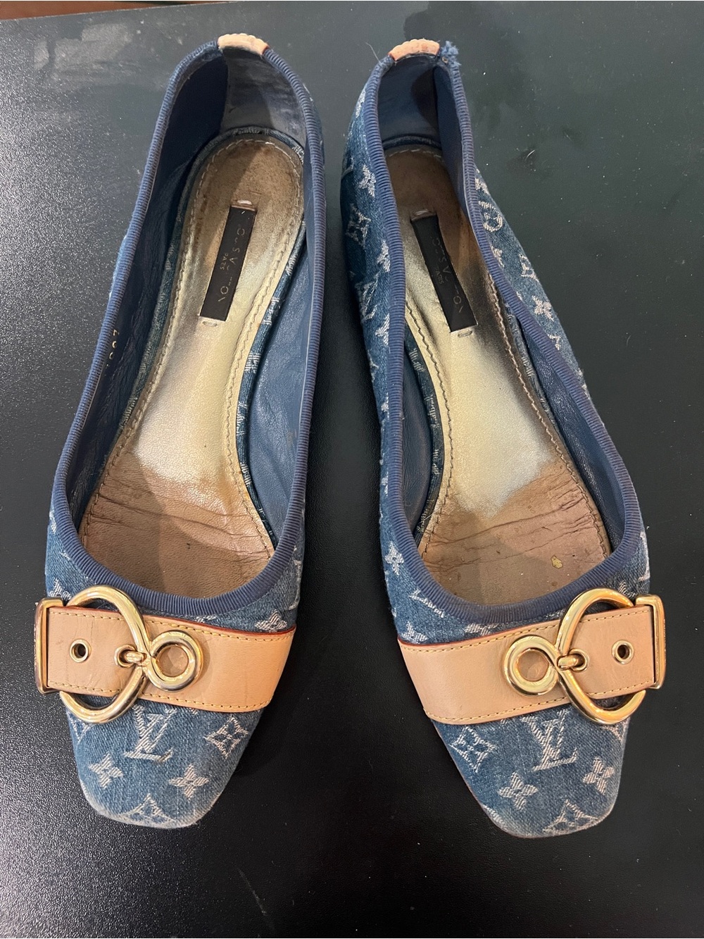 Louis Vuitton Denim Monogram Ballet Flats with Tan Leather Buckle